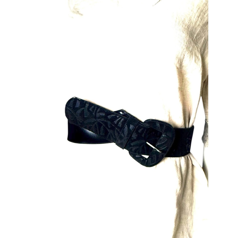 Vintage‎ Black Suede Burnout Velvet Floral Wide Cinch Belt Made in USA M/L